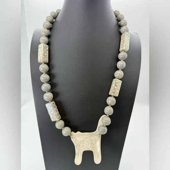 Whimsical Ceramic Grey Cat Necklace Handmade Folk Artisan Jewelry Studio Art OAK - Picture 3 of 6